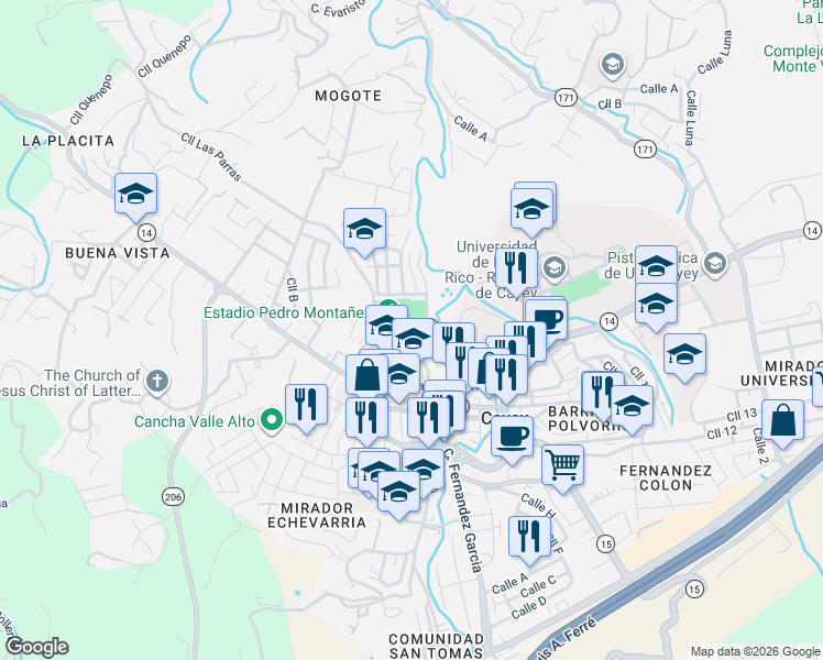 map of restaurants, bars, coffee shops, grocery stores, and more near 116 Calle Pedro Rivera in Cayey