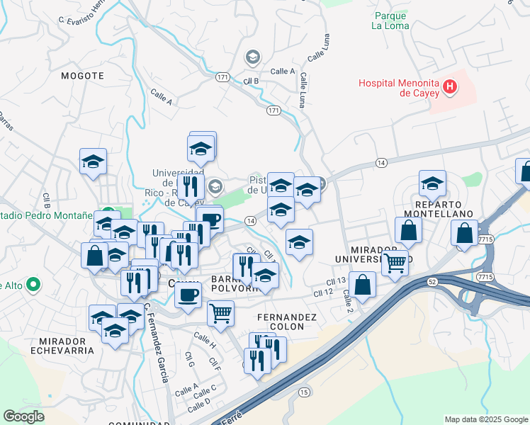 map of restaurants, bars, coffee shops, grocery stores, and more near State Route 14 in Cayey
