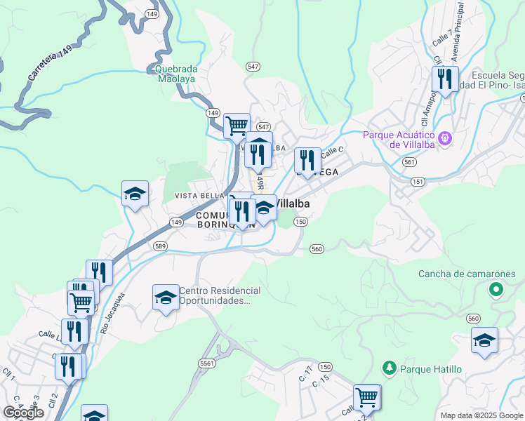 map of restaurants, bars, coffee shops, grocery stores, and more near 26 Calle Luis Munoz Rivera in Villalba