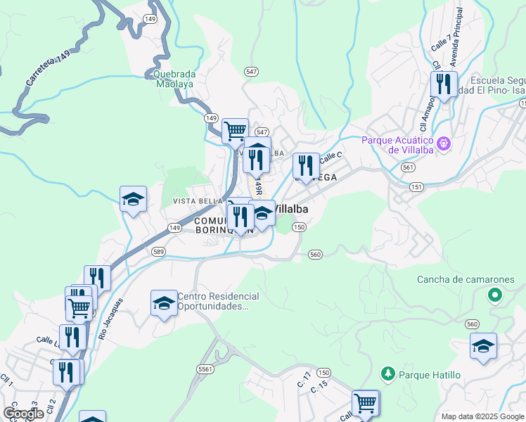map of restaurants, bars, coffee shops, grocery stores, and more near 26 Calle Luis Munoz Rivera in Villalba