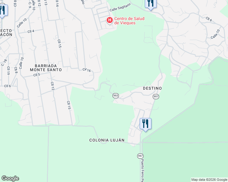 map of restaurants, bars, coffee shops, grocery stores, and more near Calle 16 in Vieques