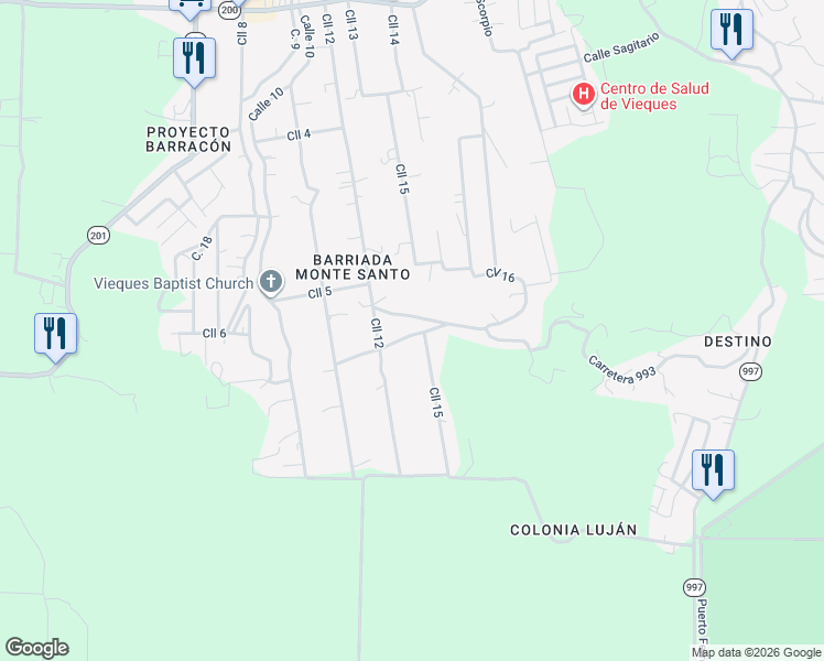 map of restaurants, bars, coffee shops, grocery stores, and more near Calle 15 in Vieques