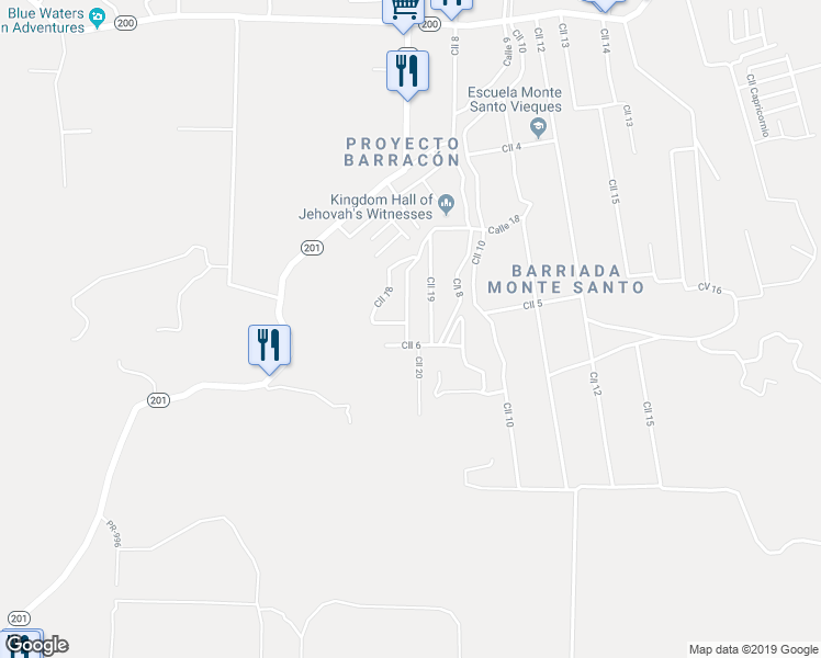 map of restaurants, bars, coffee shops, grocery stores, and more near Calle 6 in Vieques