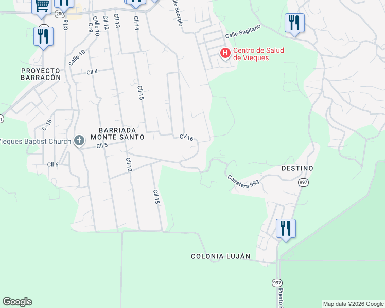 map of restaurants, bars, coffee shops, grocery stores, and more near Calle 16 in Vieques