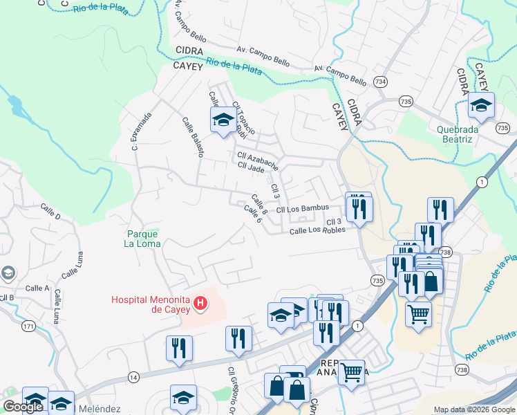 map of restaurants, bars, coffee shops, grocery stores, and more near Calle 9 in Cayey