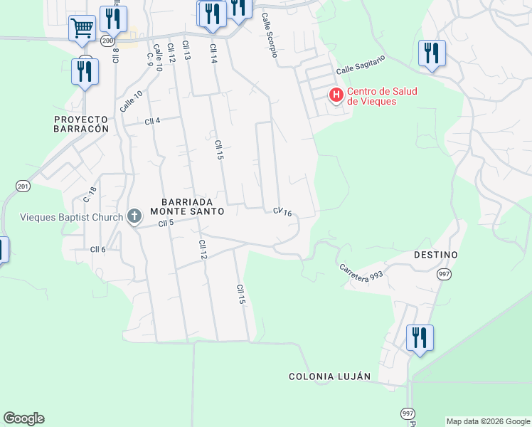 map of restaurants, bars, coffee shops, grocery stores, and more near Calle 16 in Vieques