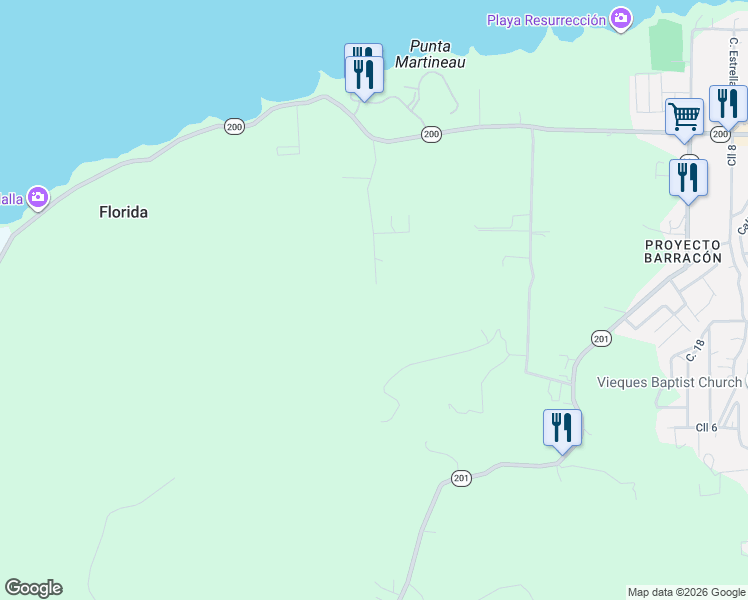 map of restaurants, bars, coffee shops, grocery stores, and more near in Florida, Vieques, Puerto Rico