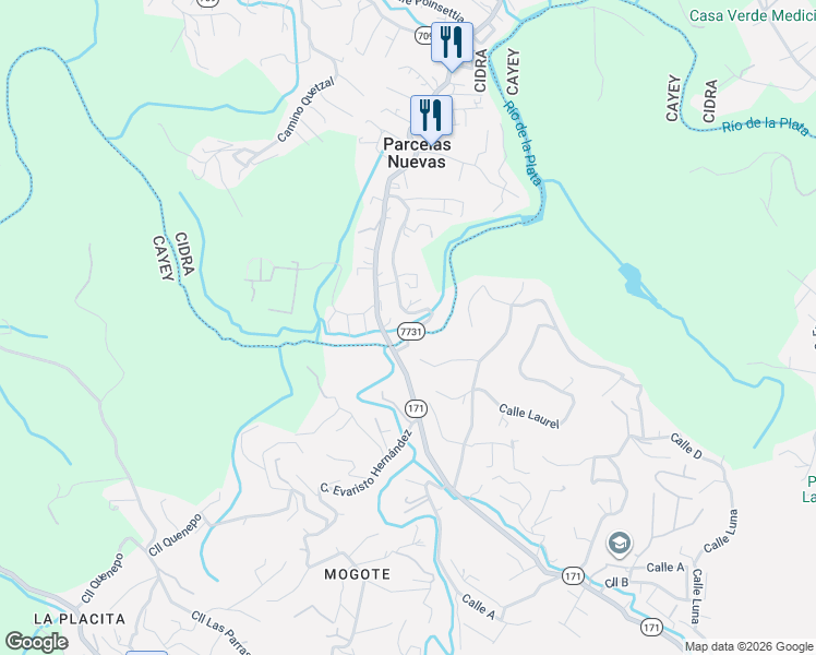 map of restaurants, bars, coffee shops, grocery stores, and more near 6070 Calle Hilera in Parcelas Nuevas