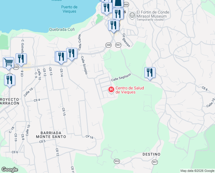 map of restaurants, bars, coffee shops, grocery stores, and more near Calle Acuario in Vieques