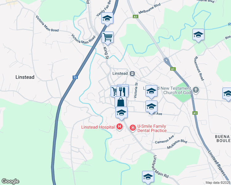 map of restaurants, bars, coffee shops, grocery stores, and more near Kings Street in Linstead