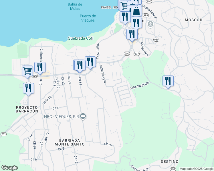 map of restaurants, bars, coffee shops, grocery stores, and more near Calle Sagitario in Vieques