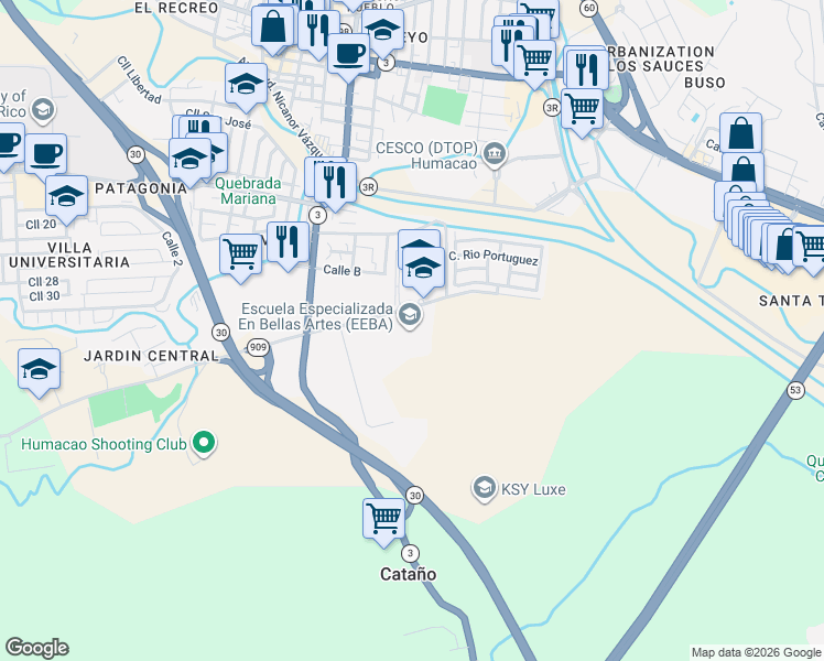 map of restaurants, bars, coffee shops, grocery stores, and more near Calle 7 Rio La Plata in Humacao