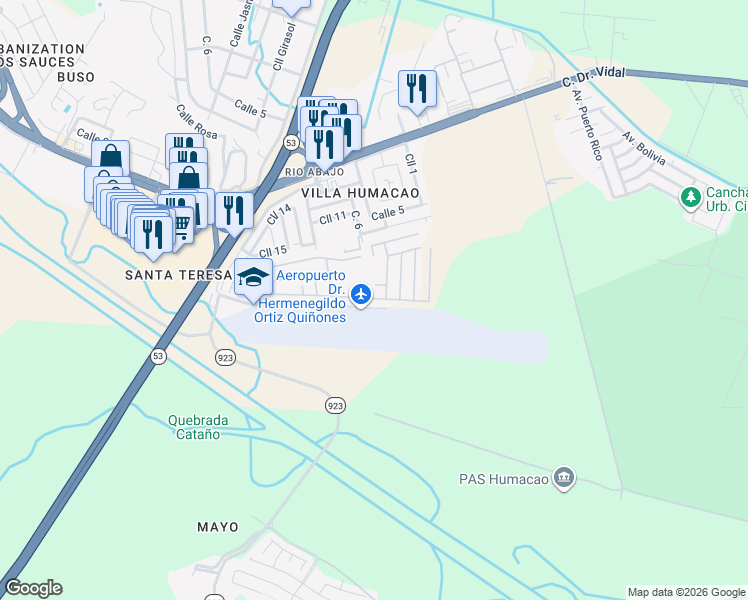 map of restaurants, bars, coffee shops, grocery stores, and more near in Humacao