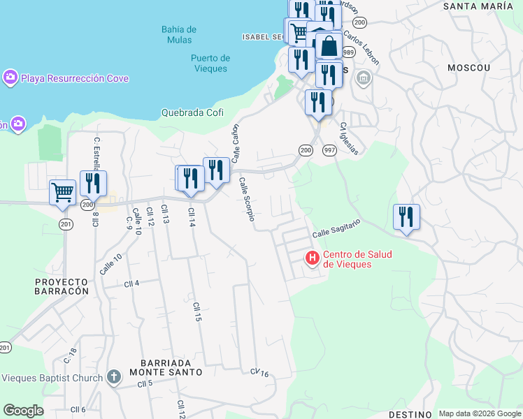 map of restaurants, bars, coffee shops, grocery stores, and more near Camino Vecinal in Florida