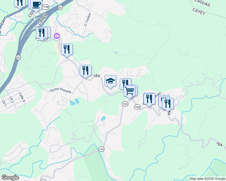 map of restaurants, bars, coffee shops, grocery stores, and more near Highway 184 in Caguas