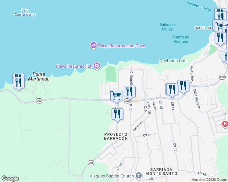 map of restaurants, bars, coffee shops, grocery stores, and more near Highway 200 in Vieques