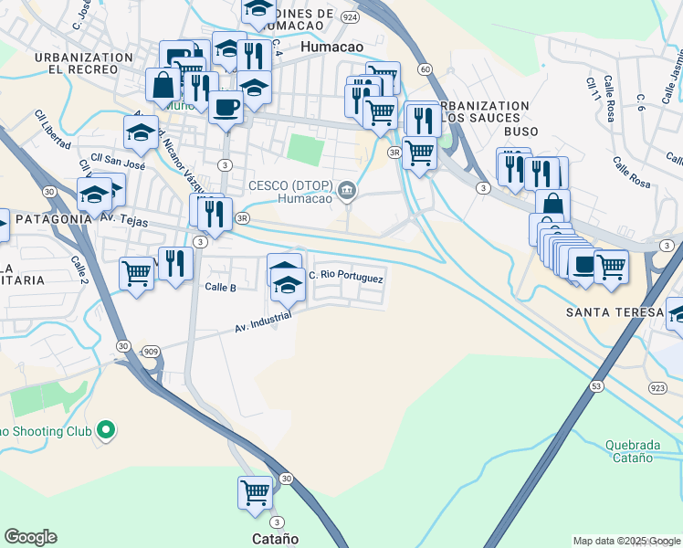 map of restaurants, bars, coffee shops, grocery stores, and more near Cll 8 in Humacao