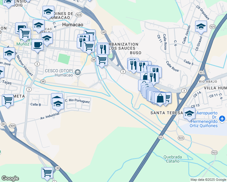 map of restaurants, bars, coffee shops, grocery stores, and more near Avenida Boulevard Nicanor Varquez in Humacao