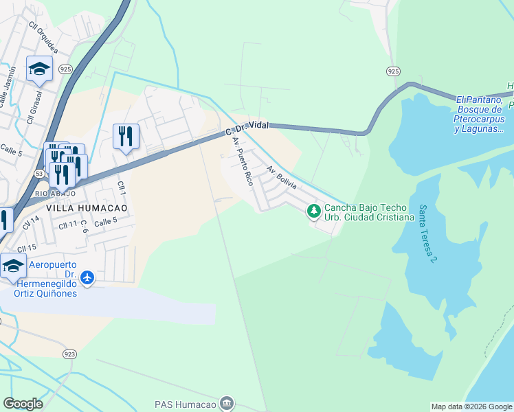 map of restaurants, bars, coffee shops, grocery stores, and more near 183 Calle Brazil in Humacao