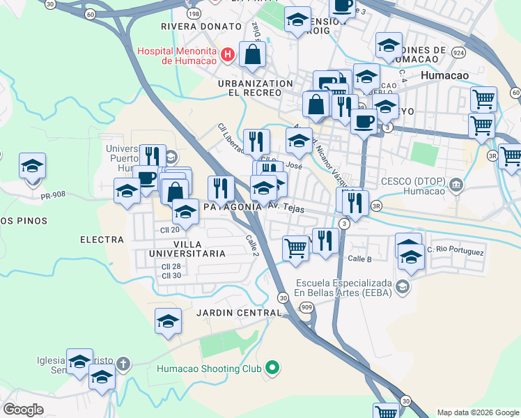 map of restaurants, bars, coffee shops, grocery stores, and more near Avenida Tejas in Humacao