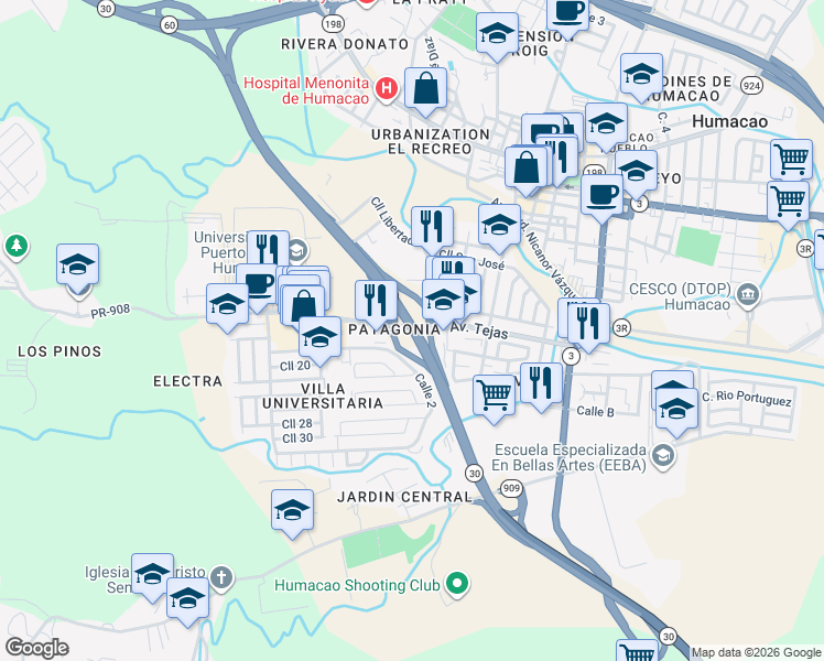 map of restaurants, bars, coffee shops, grocery stores, and more near Avenida Tejas in Humacao