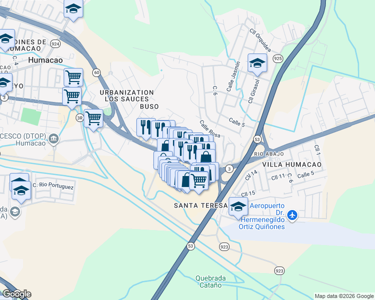 map of restaurants, bars, coffee shops, grocery stores, and more near Calle 11 in Humacao