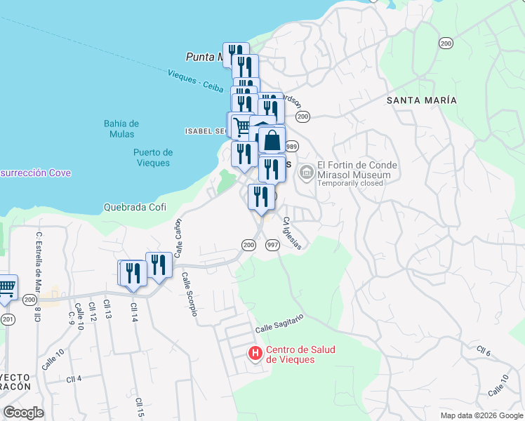 map of restaurants, bars, coffee shops, grocery stores, and more near Highway 200 in Vieques