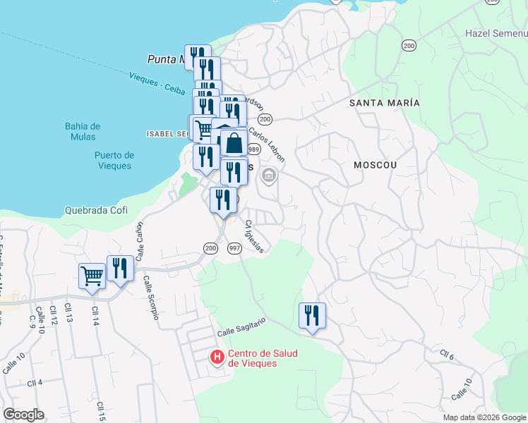 map of restaurants, bars, coffee shops, grocery stores, and more near Calle Apolonia Gittings in Vieques