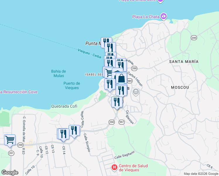 map of restaurants, bars, coffee shops, grocery stores, and more near 495-513 Calle Baldorioty De Castro in Vieques