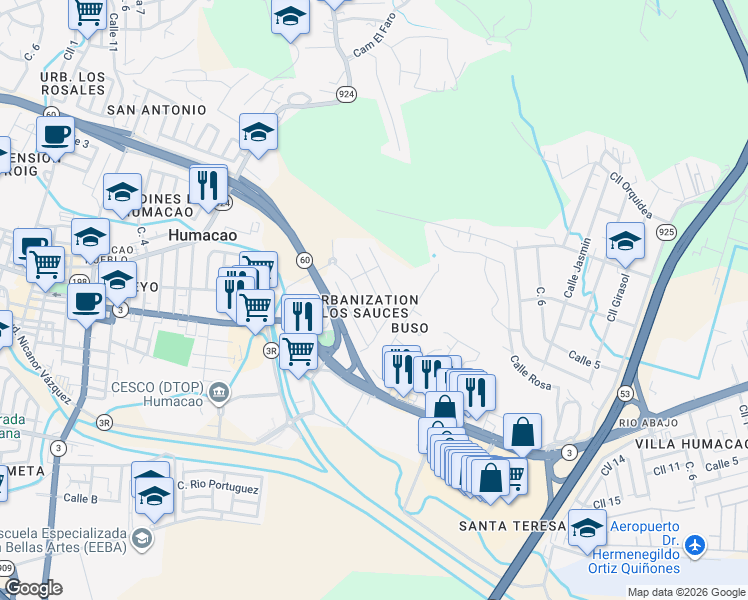map of restaurants, bars, coffee shops, grocery stores, and more near in Humacao