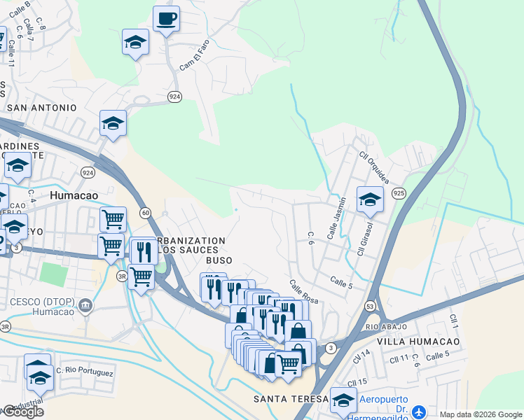 map of restaurants, bars, coffee shops, grocery stores, and more near 371 Calle Gladiola in Humacao