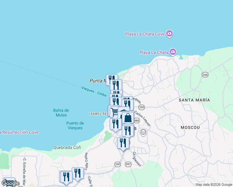 map of restaurants, bars, coffee shops, grocery stores, and more near Calle Morropo in Vieques