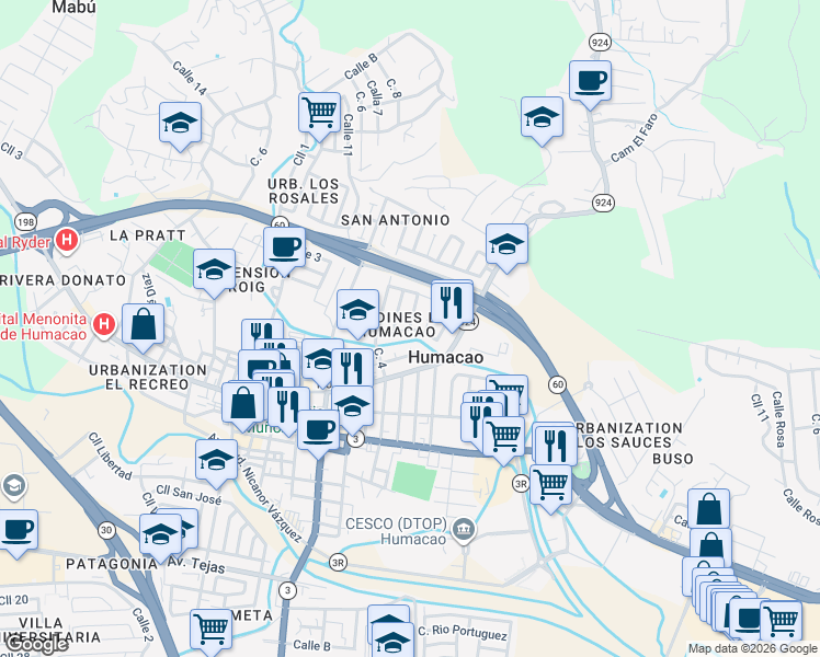 map of restaurants, bars, coffee shops, grocery stores, and more near Calle 6 in Humacao