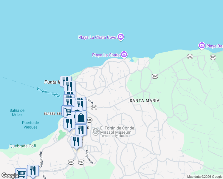 map of restaurants, bars, coffee shops, grocery stores, and more near Camino los Rivera in Vieques