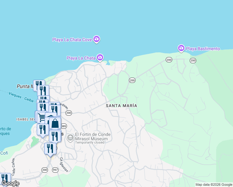 map of restaurants, bars, coffee shops, grocery stores, and more near Highway 200 in Vieques