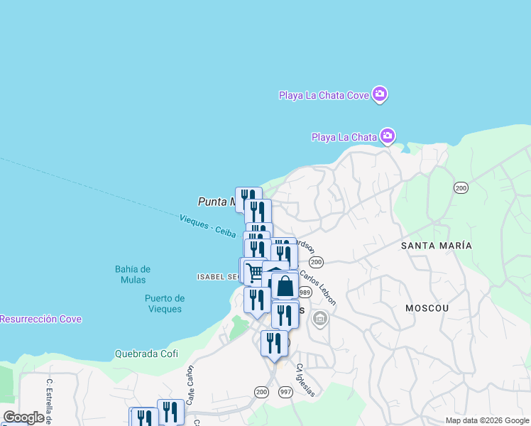 map of restaurants, bars, coffee shops, grocery stores, and more near Calle Sin Salida in Vieques