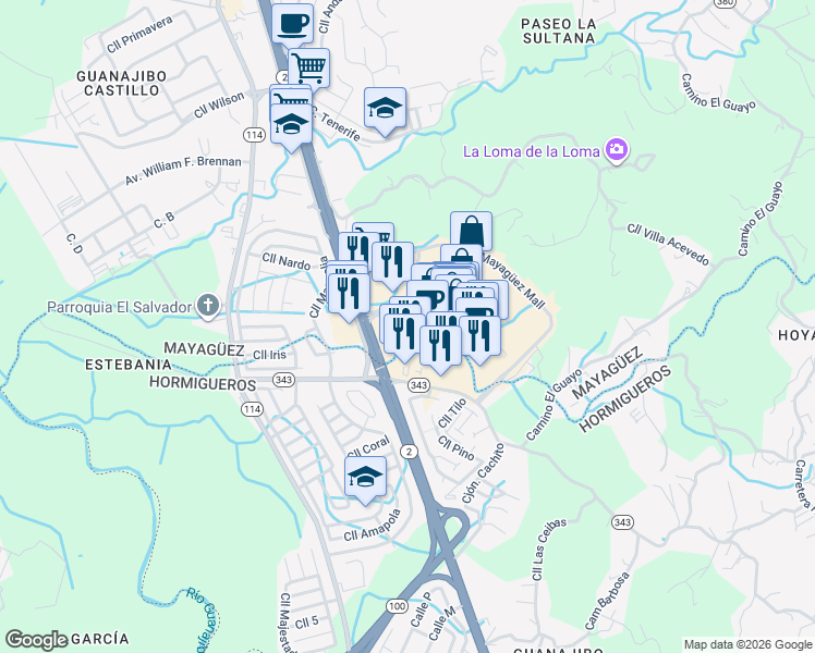 map of restaurants, bars, coffee shops, grocery stores, and more near 975 Avenida Eugenio María de Hostos in Mayagüez
