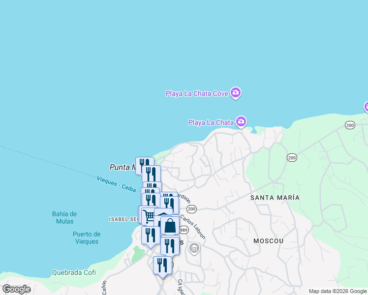 map of restaurants, bars, coffee shops, grocery stores, and more near Calle Morropo in Vieques