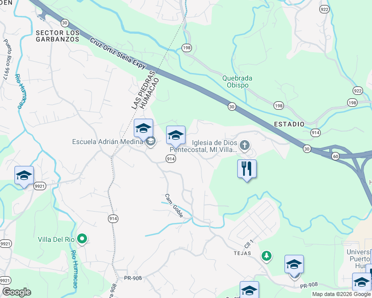 map of restaurants, bars, coffee shops, grocery stores, and more near PR-914 in Humacao