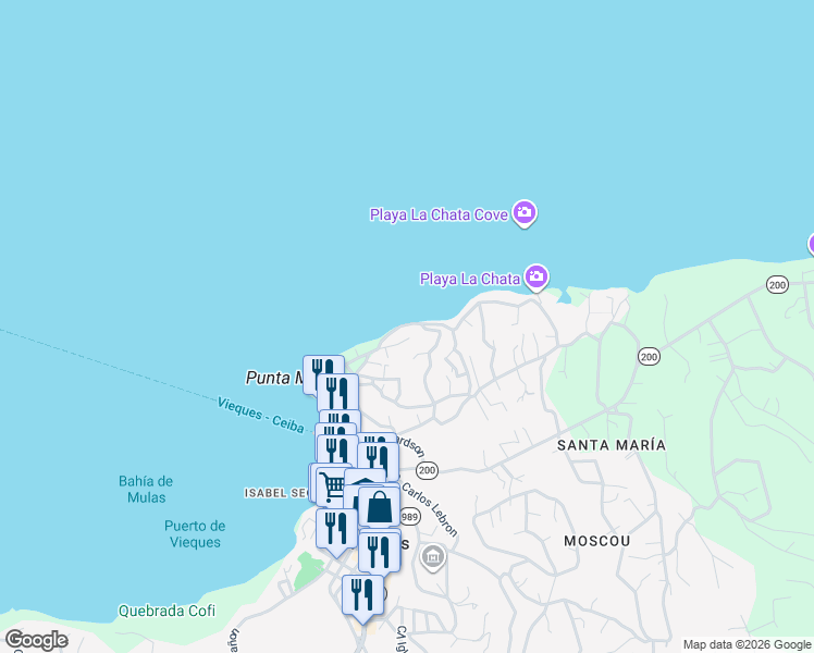map of restaurants, bars, coffee shops, grocery stores, and more near Calle Morropo in Vieques