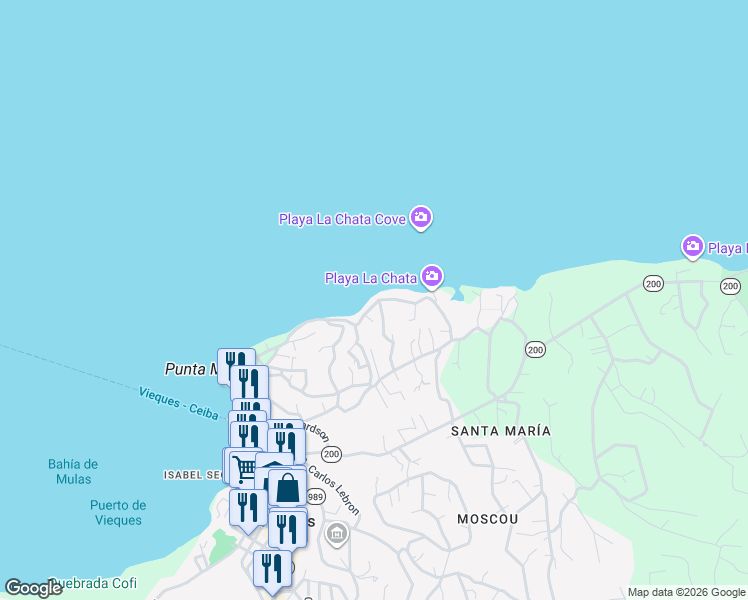 map of restaurants, bars, coffee shops, grocery stores, and more near Camino los Rivera in Vieques