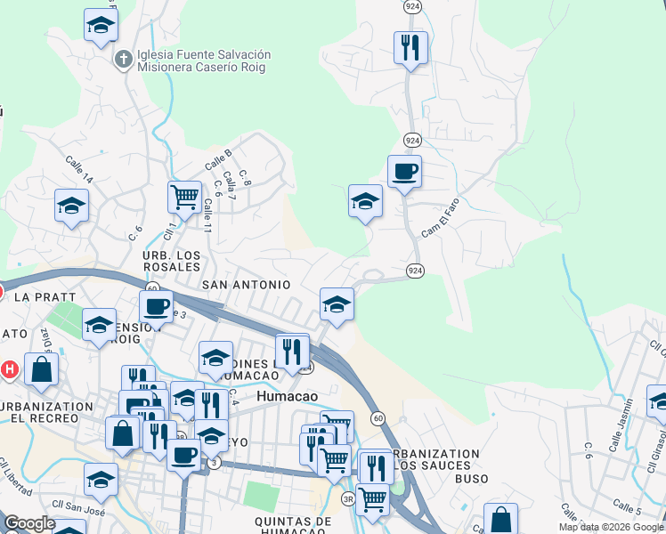 map of restaurants, bars, coffee shops, grocery stores, and more near 152 Calle Puerto Del Cielo in Humacao