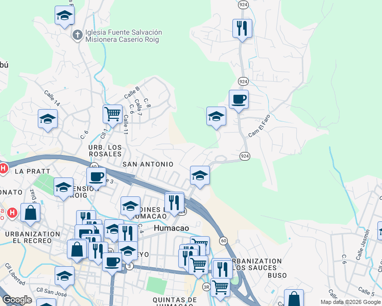 map of restaurants, bars, coffee shops, grocery stores, and more near 152 Calle Puerto Del Cielo in Humacao