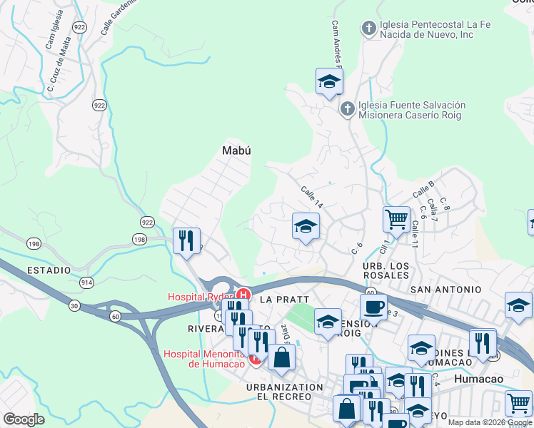 map of restaurants, bars, coffee shops, grocery stores, and more near Calle 11 in Humacao