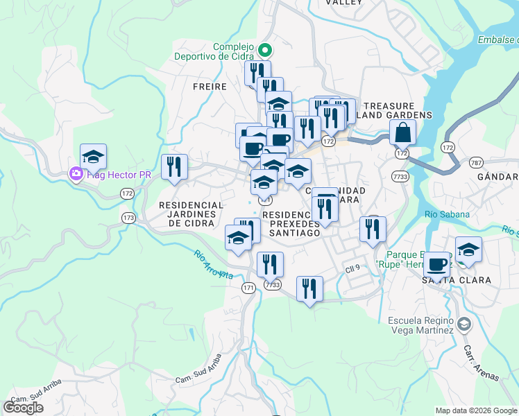 map of restaurants, bars, coffee shops, grocery stores, and more near 32 Calle Muñoz Rivera in Cidra
