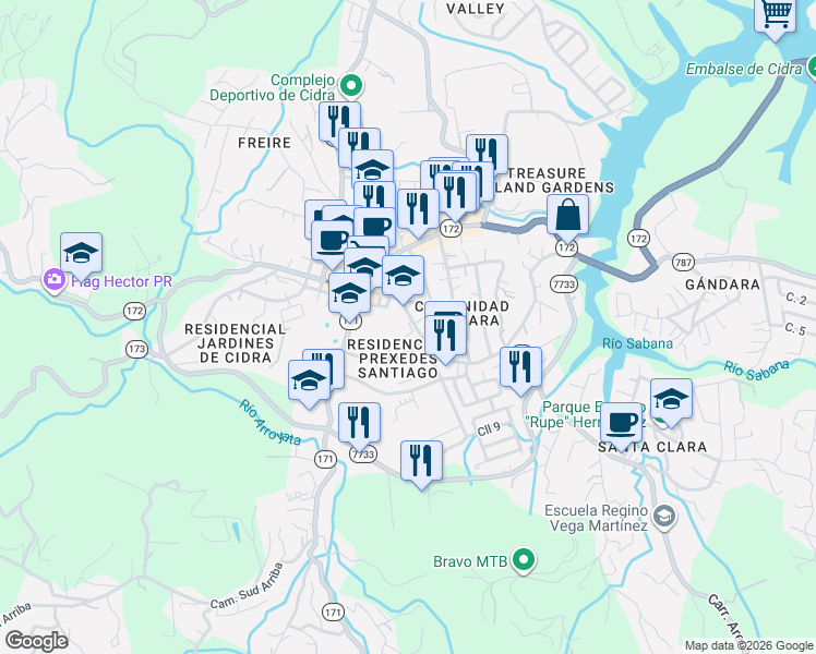 map of restaurants, bars, coffee shops, grocery stores, and more near Calle Jose De Diego in Cidra