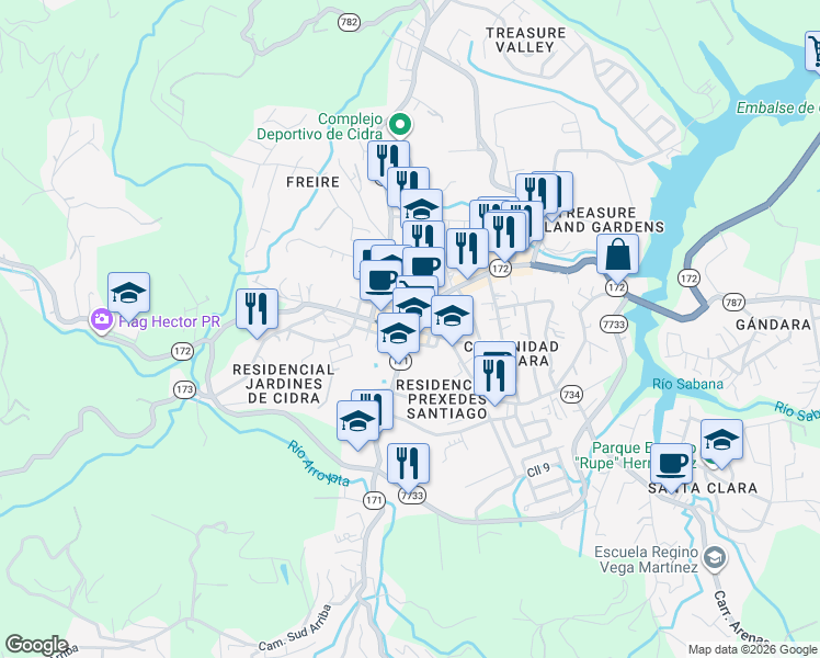 map of restaurants, bars, coffee shops, grocery stores, and more near Puerto Rico 171 in Cidra