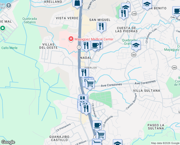 map of restaurants, bars, coffee shops, grocery stores, and more near Calle Galniel in Yaguez