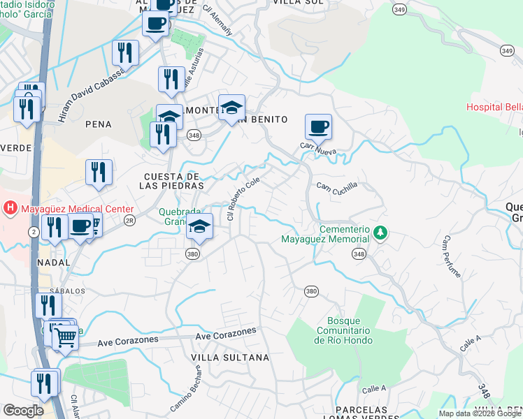 map of restaurants, bars, coffee shops, grocery stores, and more near Calle Balbino Trinta in Mayagüez