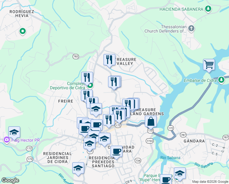 map of restaurants, bars, coffee shops, grocery stores, and more near Avenue El Jibaro in Cidra